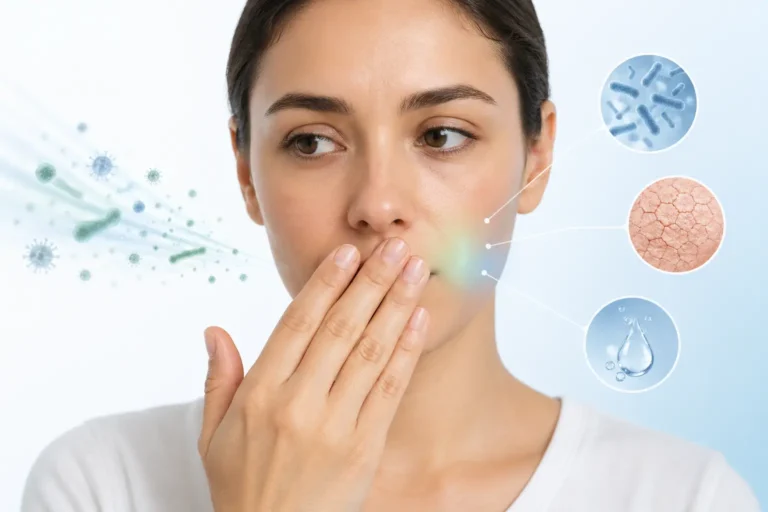 Person covering mouth due to bad breath, representing oral bacteria and dry mouth.