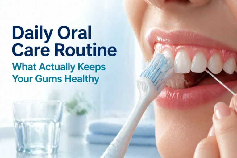 daily oral care routine illustration showing brushing flossing and healthy gums supporting long term oral hygiene habits