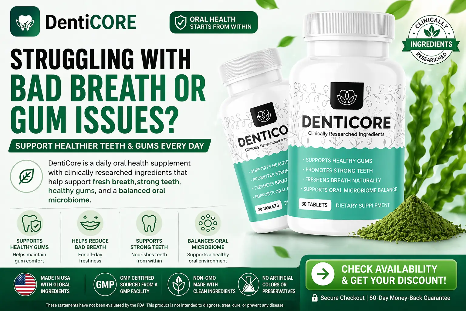 DentiCore oral health supplement bottle for teeth and gum support