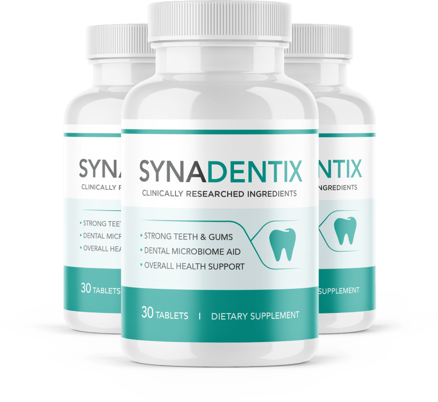 SynaDentix review image showing oral probiotic supplement bottles for teeth and gum support