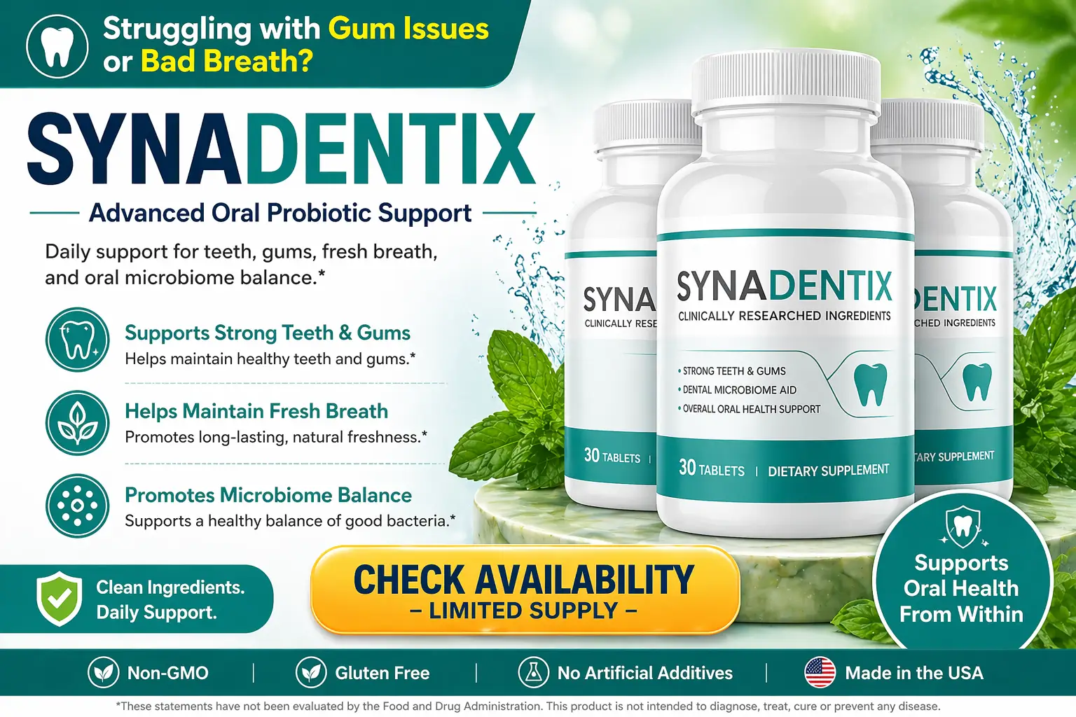 SynaDentix oral probiotic supplement bottles for teeth, gums, and oral microbiome support