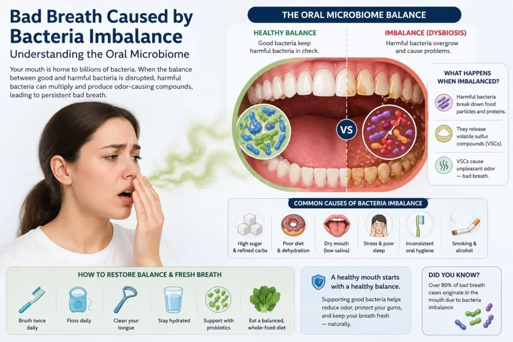 bad breath caused by bacteria imbalance in the mouth
