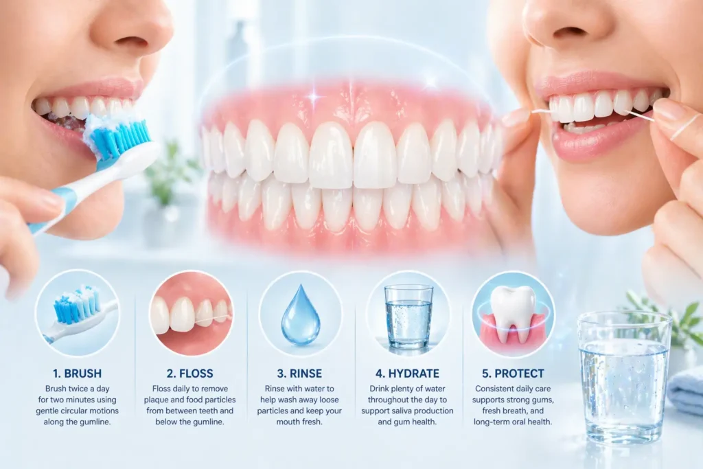 daily brushing and flossing routine illustration for oral hygiene and gum health