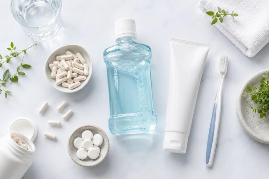 Unbranded zinc supplements and oral care products arranged in a clean editorial wellness layout
