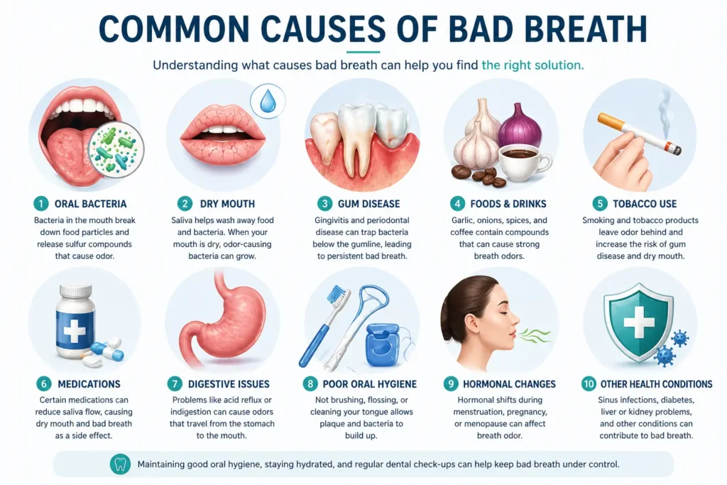 Person covering their mouth with a concerned expression, representing common causes of bad breath such as oral bacteria and dry mouth