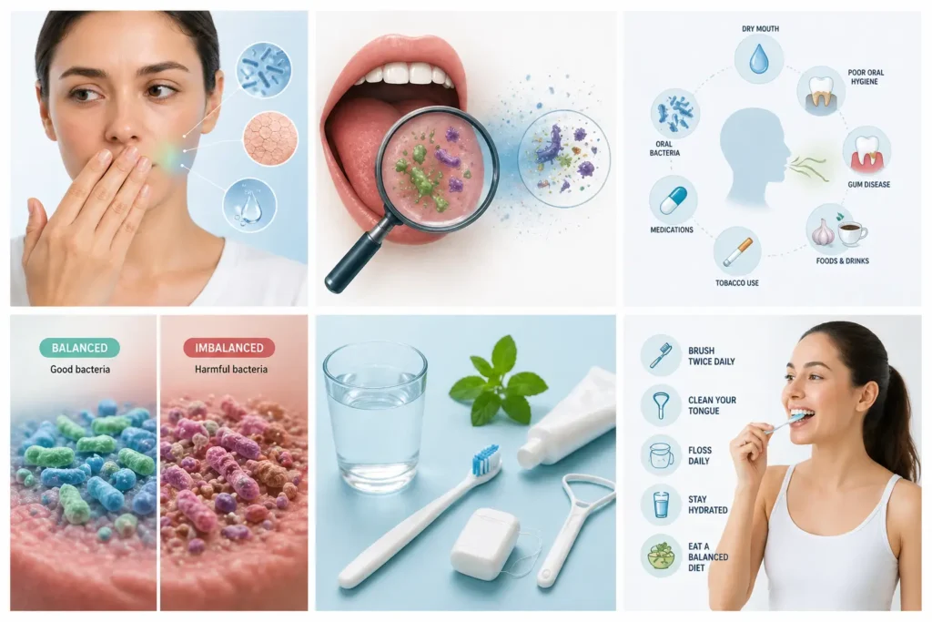 Infographic showing common causes of bad breath, including oral bacteria, dry mouth, gum disease, and daily habits