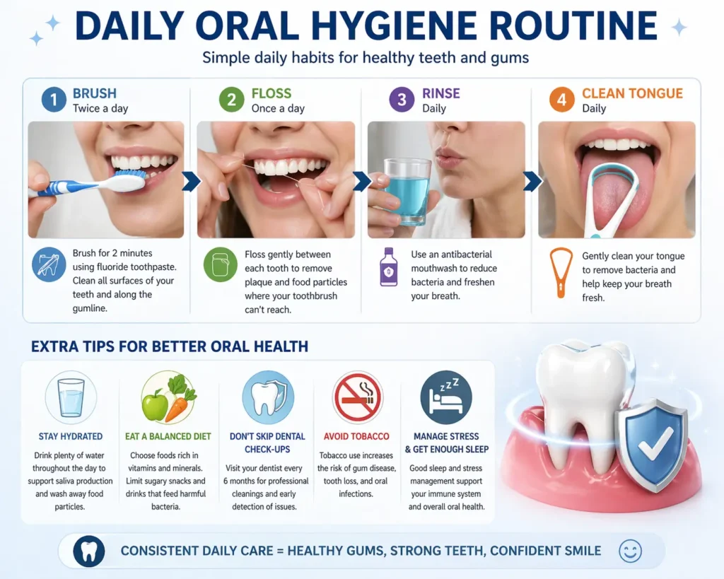 Daily oral hygiene routine including brushing and flossing