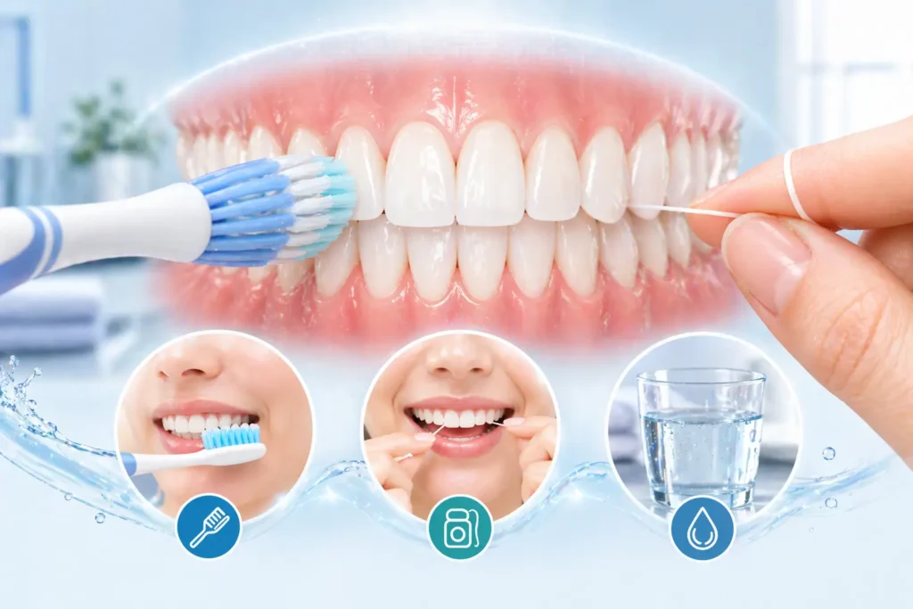 daily oral care routine illustration showing brushing flossing and long-term gum health habits
