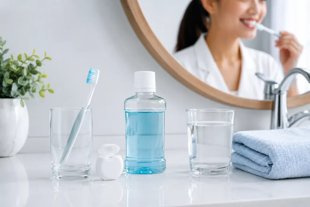 Daily oral hygiene routine setup with toothbrush, floss, mouthwash, and clean wellness bathroom aesthetic