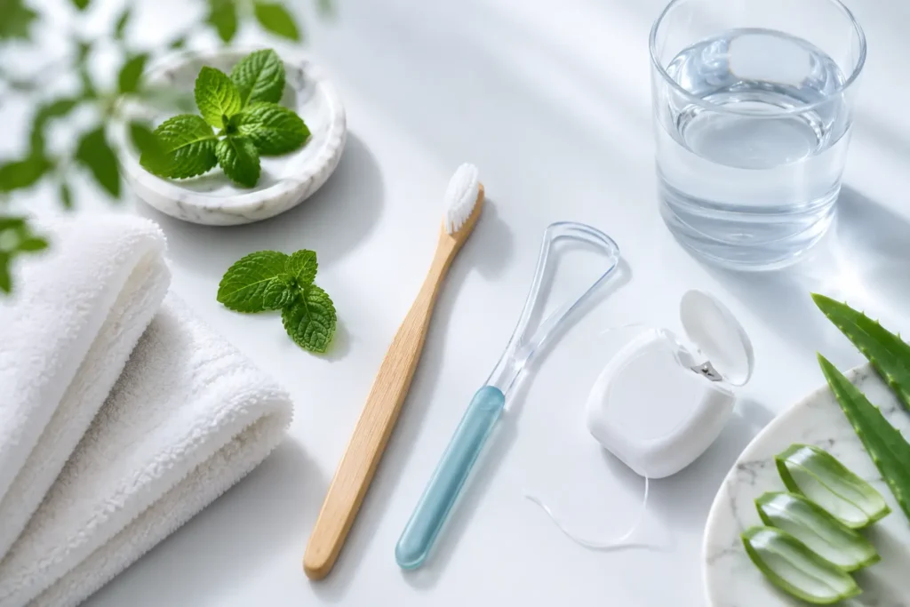 Flat lay of daily oral hygiene essentials including toothbrush, floss, tongue scraper, towel, water glass, mint leaves, and aloe vera on a clean white background