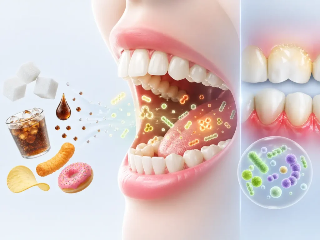 Diagram showing how diet influences the oral microbiome, including bacteria growth and acid production in the mouth