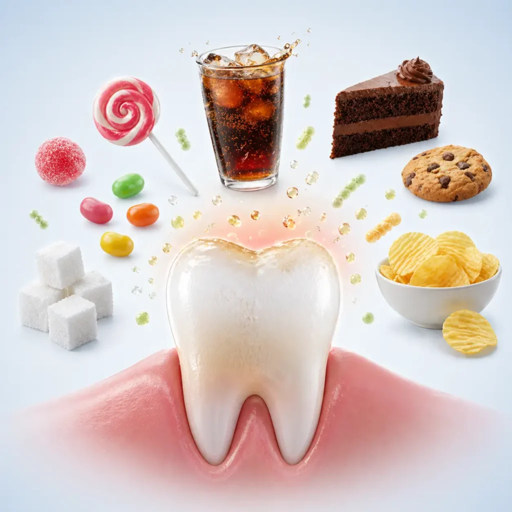 Sugary and acidic foods that may negatively affect oral health including soda, candy, and processed snacks