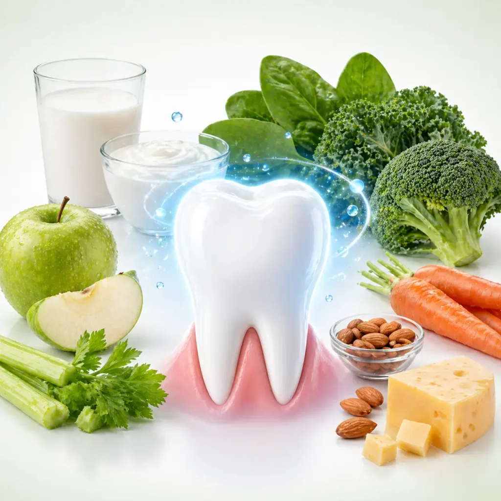 Healthy foods that support oral health including vegetables, dairy, and fiber-rich foods for teeth and gums