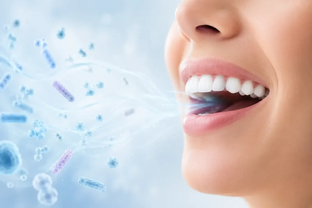 Healthy smile with fresh breath effect and balanced oral bacteria editorial illustration