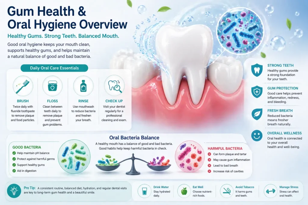 gum health and oral hygiene overview illustration showing teeth gums and oral bacteria balance