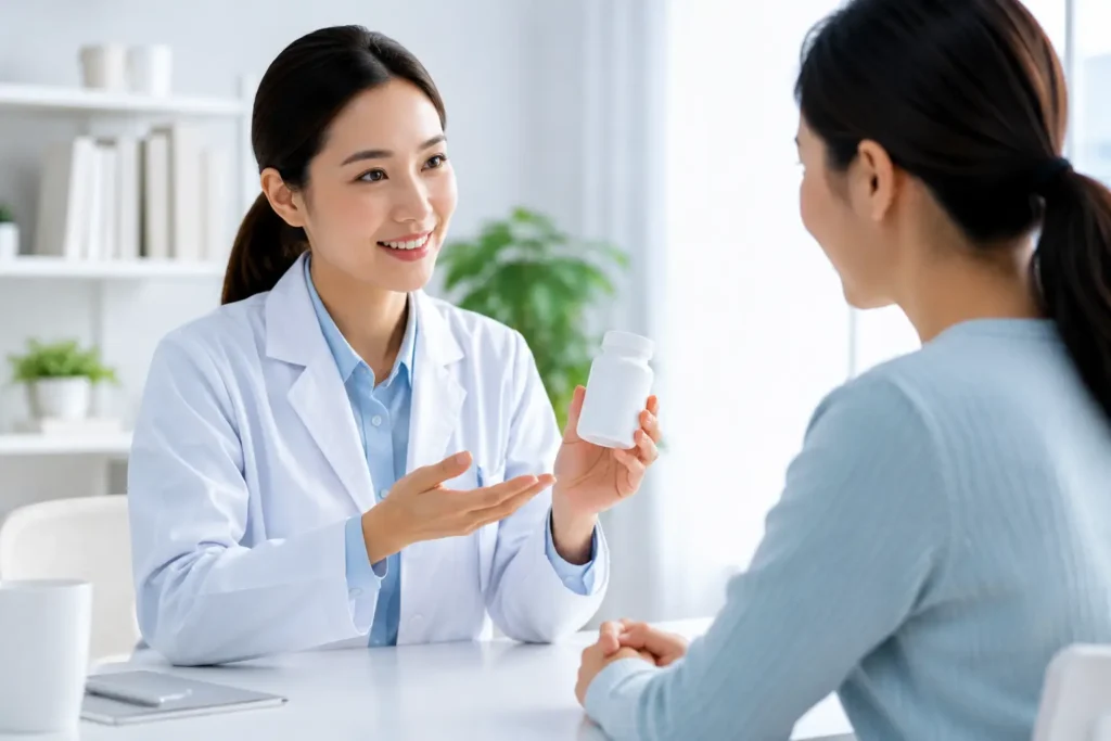 Healthcare professional discussing supplement use with a patient in a clean medical editorial setting