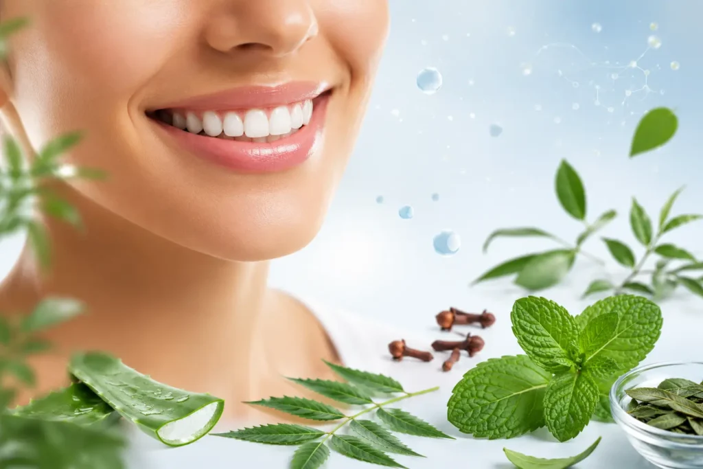 Healthy natural smile with clean teeth and herbal oral care ingredients including peppermint, neem, clove, aloe vera, and green tea on a clean light blue wellness background