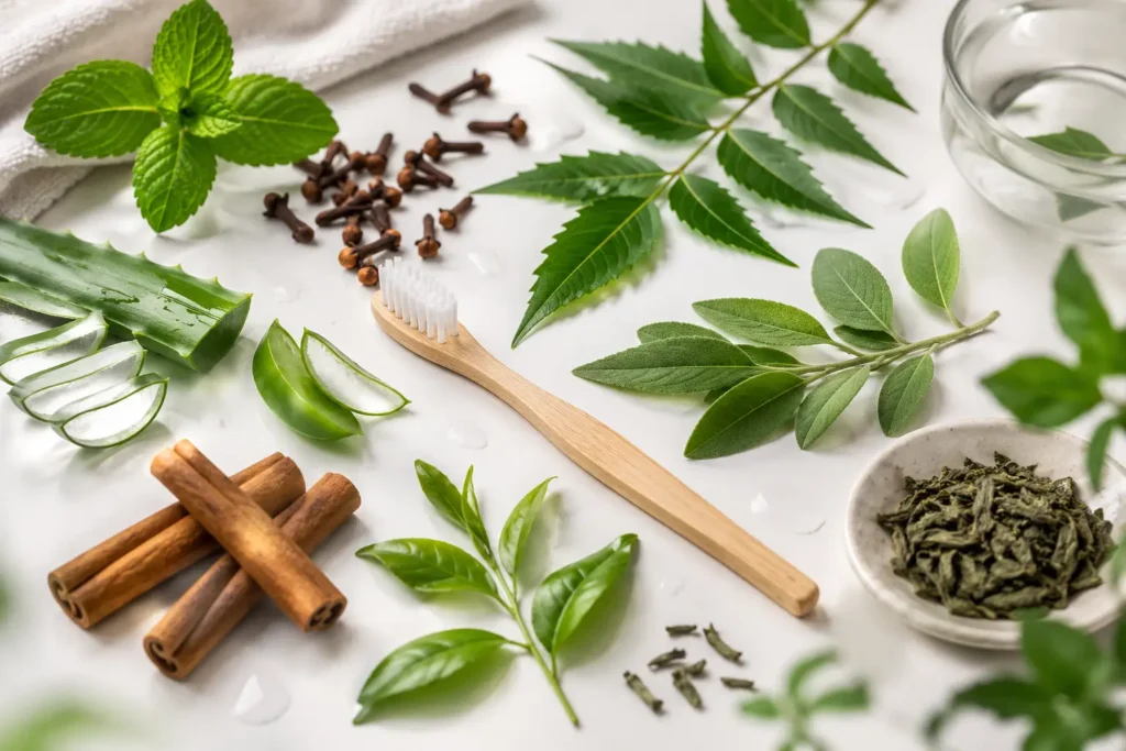 Flat lay of herbal oral care ingredients including peppermint, cloves, neem leaves, aloe vera, cinnamon, sage, green tea, and a bamboo toothbrush on a clean white background