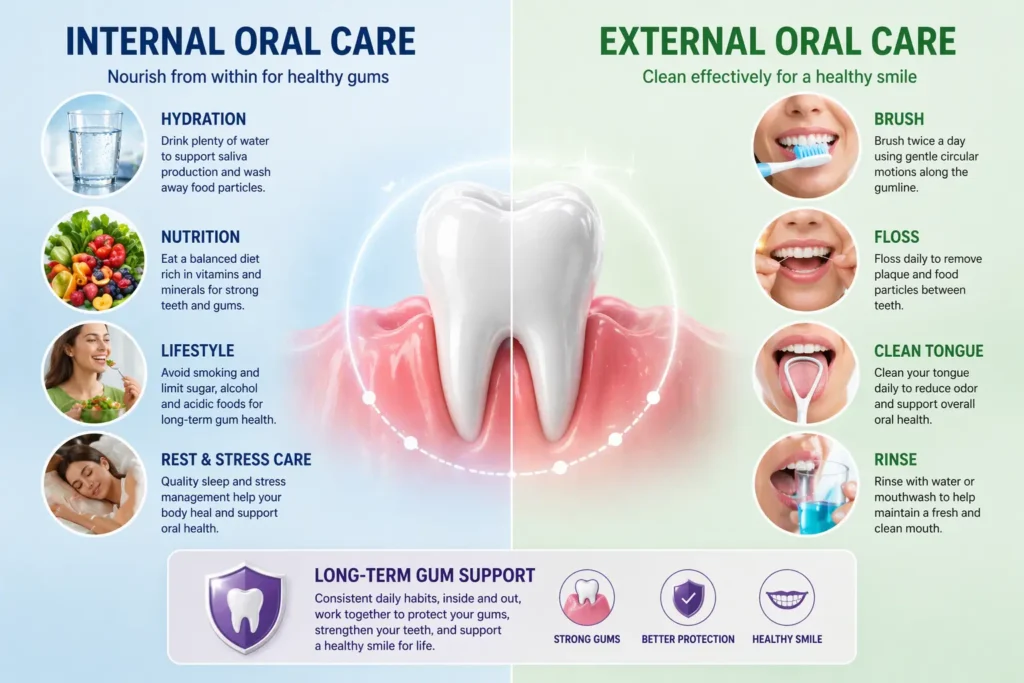 internal vs external oral care illustration showing hygiene habits hydration and long-term gum support