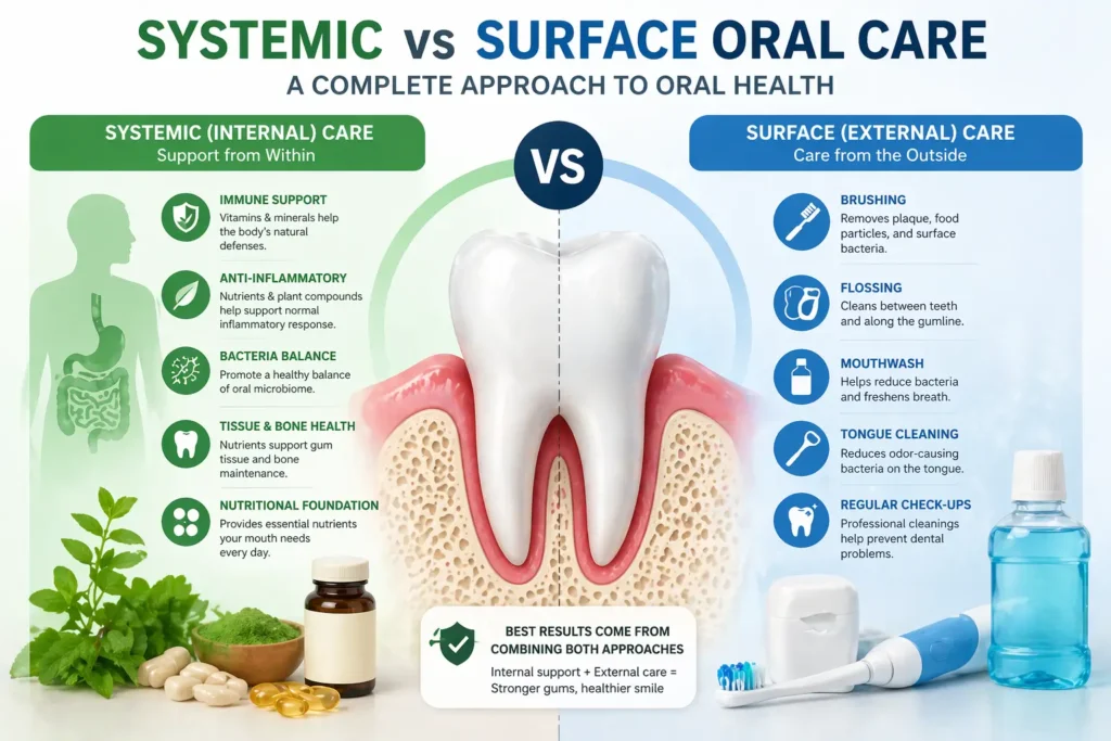 systemic vs surface oral care comparison illustration internal vs external dental care