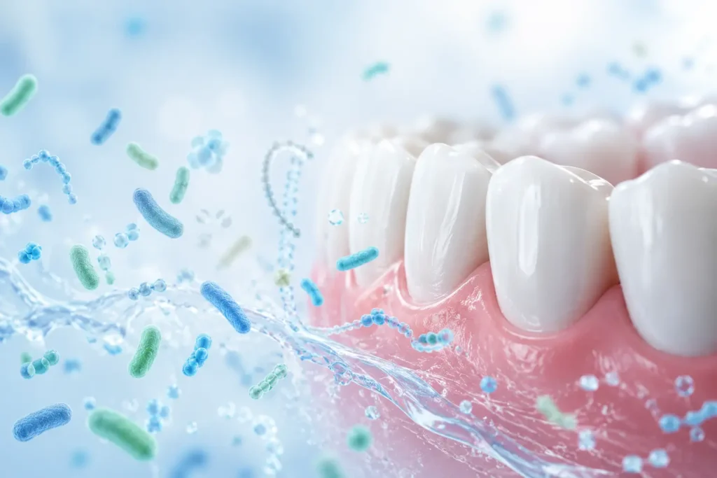 Illustration of healthy oral bacteria balance around clean teeth and gums with saliva flow and oral microbiome concept