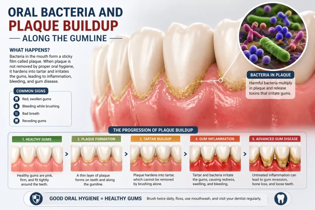 Oral bacteria and plaque buildup along the gumline