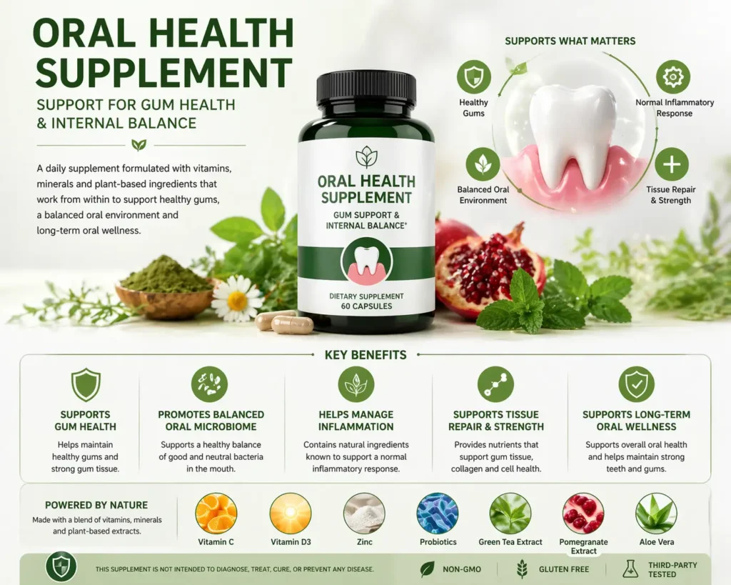 Oral health supplement concept for gum support and internal balance