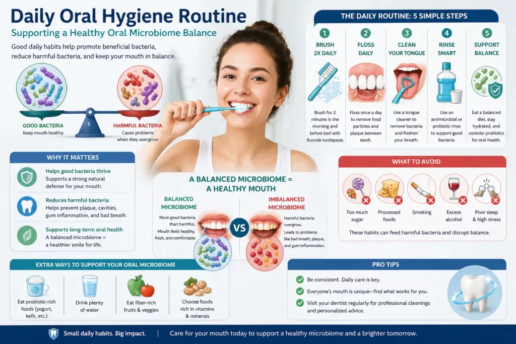 daily oral hygiene routine brushing flossing supporting oral microbiome balance