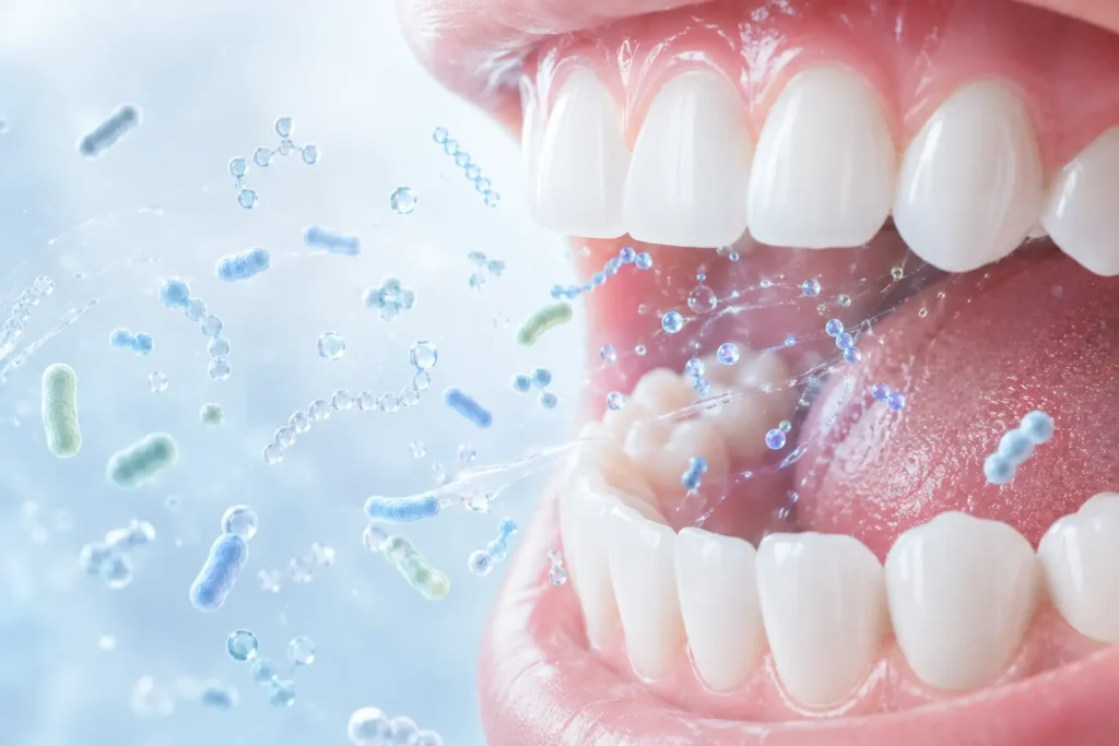 Illustration of balanced oral microbiome with healthy teeth, gums, saliva flow, and beneficial oral bacteria