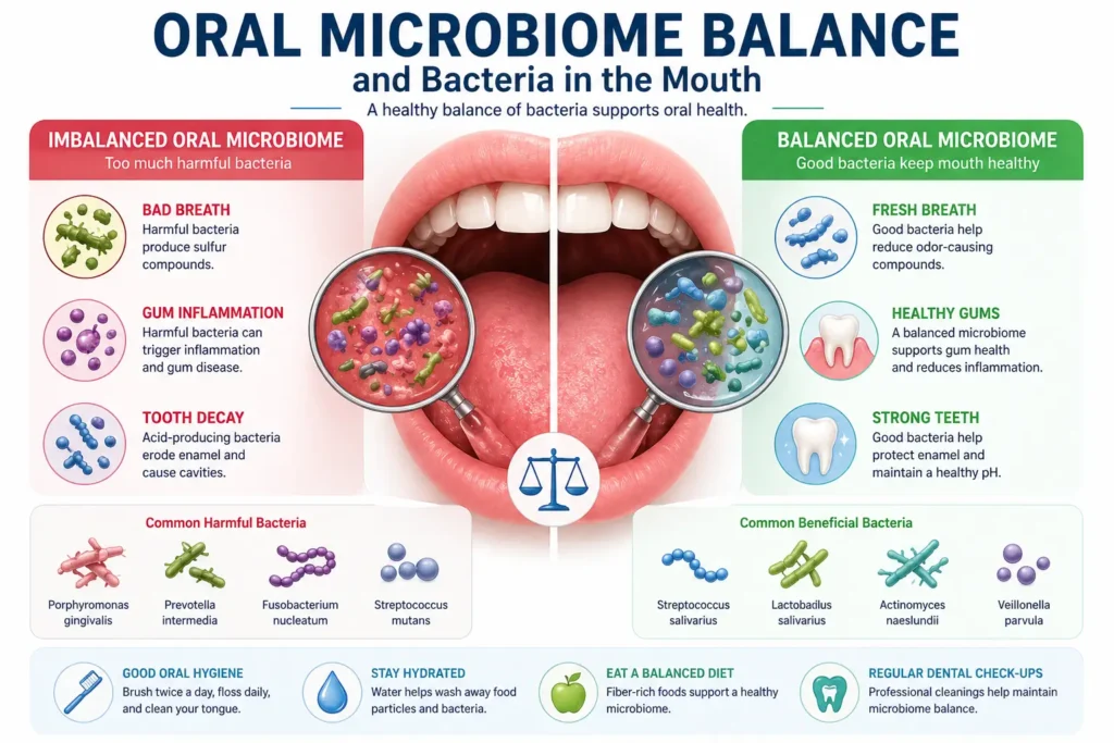 Infographic showing oral microbiome balance and bacteria in the mouth, comparing harmful and beneficial bacteria and their effects on oral health