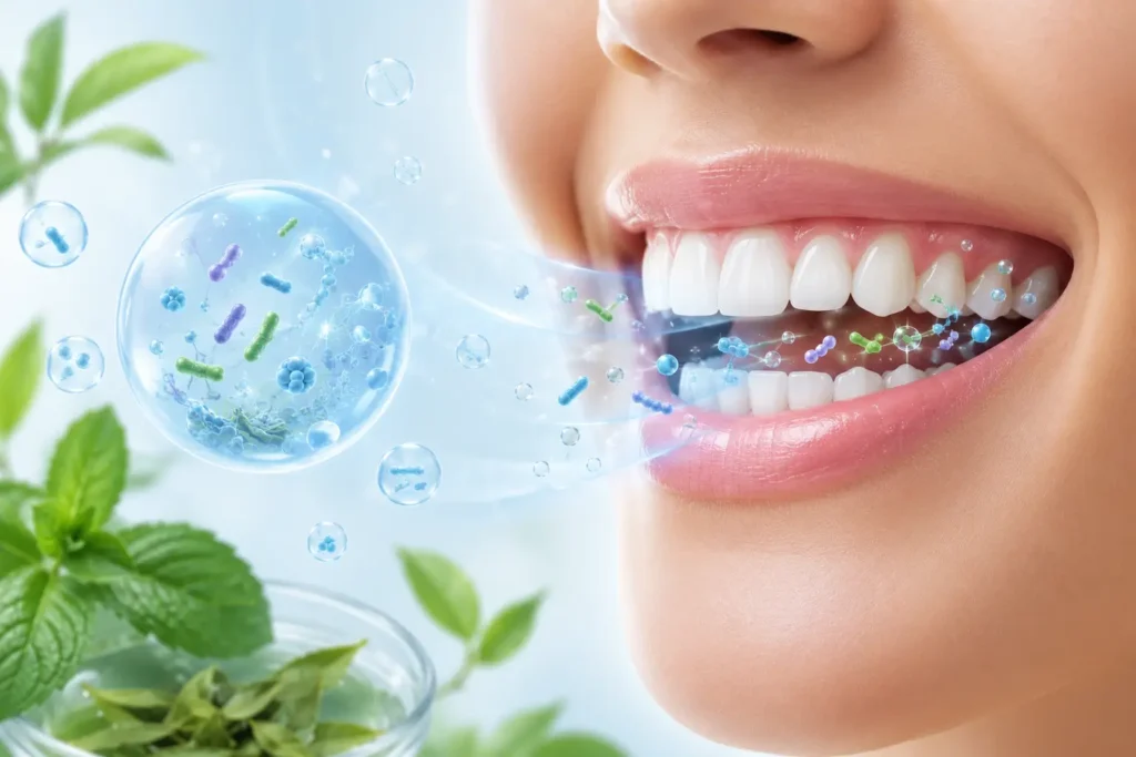 Healthy natural smile with abstract oral microbiome balance visualization and herbal oral care elements on a clean light blue healthcare background