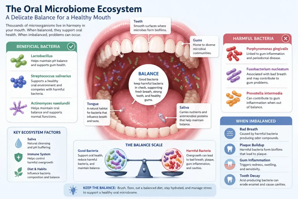 oral microbiome ecosystem diagram showing bacteria balance in the mouth