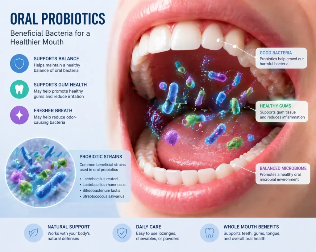 oral probiotics beneficial bacteria in mouth illustration