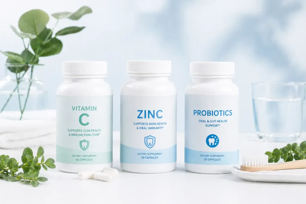 oral health supplement bottles clean minimal layout