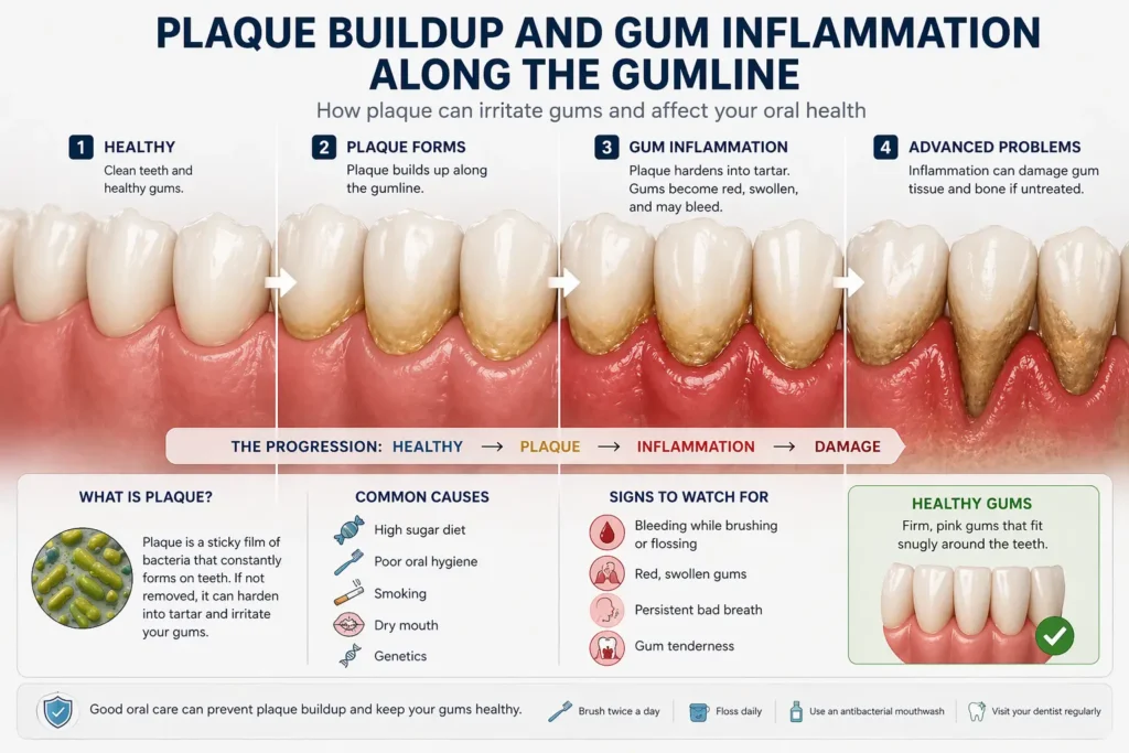 plaque buildup and gum inflammation along gumline