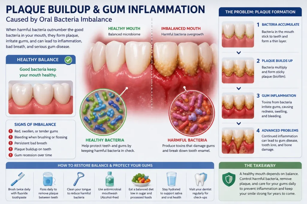 plaque buildup and gum inflammation caused by oral bacteria imbalance