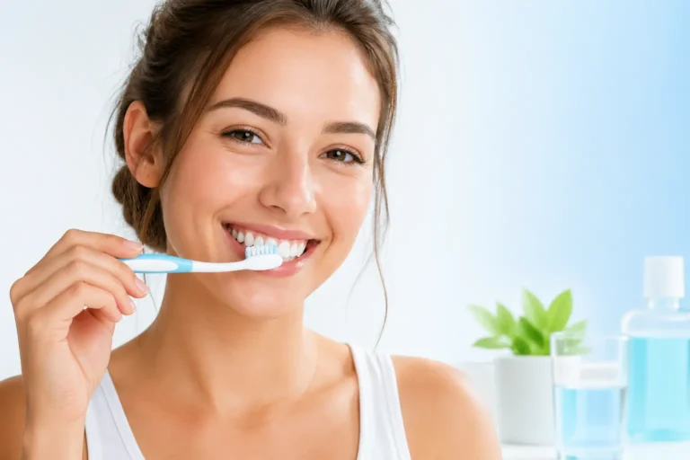 person brushing teeth to reduce plaque naturally and support oral health