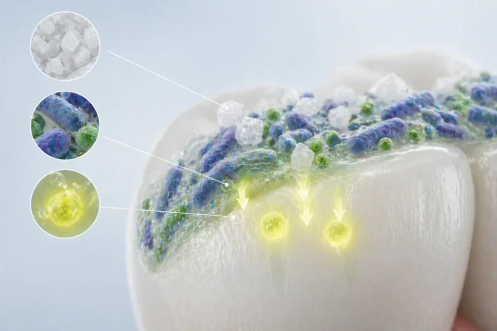 how sugar feeds oral bacteria and creates acid leading to plaque