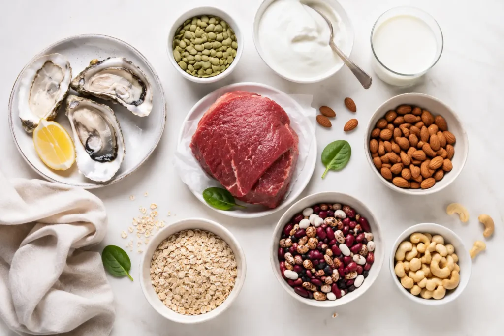 Flat lay of zinc-rich foods including oysters, beef, nuts, seeds, beans, dairy, and whole grains in a clean editorial style