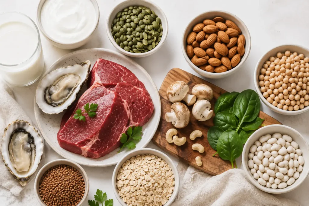 Flat lay of zinc-rich foods supporting oral wellness including oysters, beef, nuts, seeds, beans, dairy, and whole grains