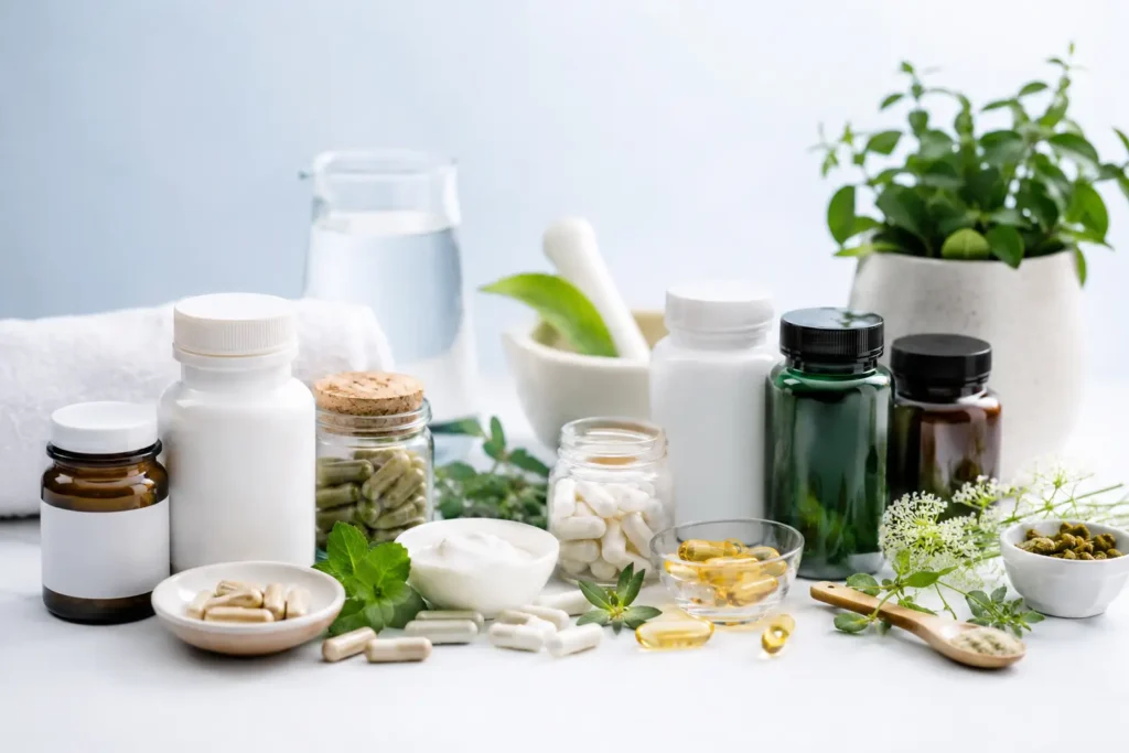Modern wellness supplement editorial scene featuring oral health, metabolism, sleep, digestion, brain wellness, and daily vitality supplements in a clean healthcare-inspired layout